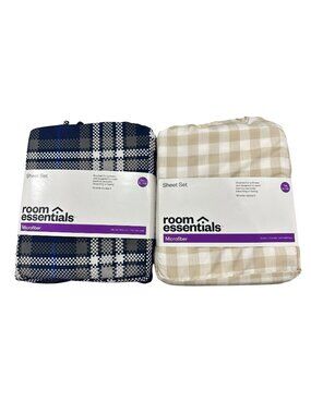 Set of 2 Room Essentials Twin XL Microfiber Plaid & Gingham Sheet Set Wrinkle-Re